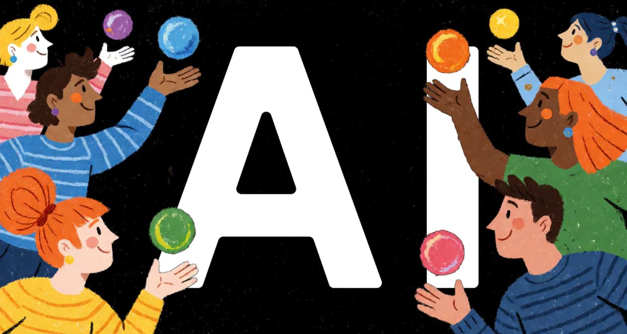 Illustration of people arranging colorful orbs around large AI letters