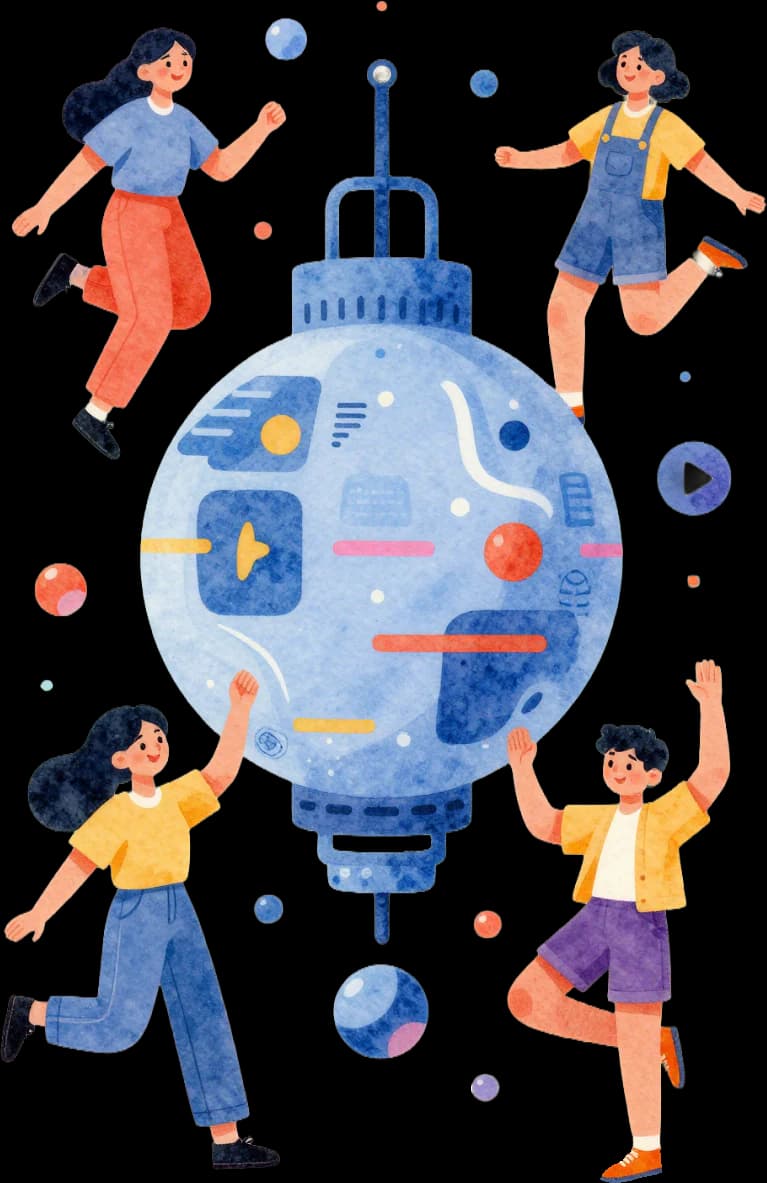 Illustration of people gathered around a blue data machine
