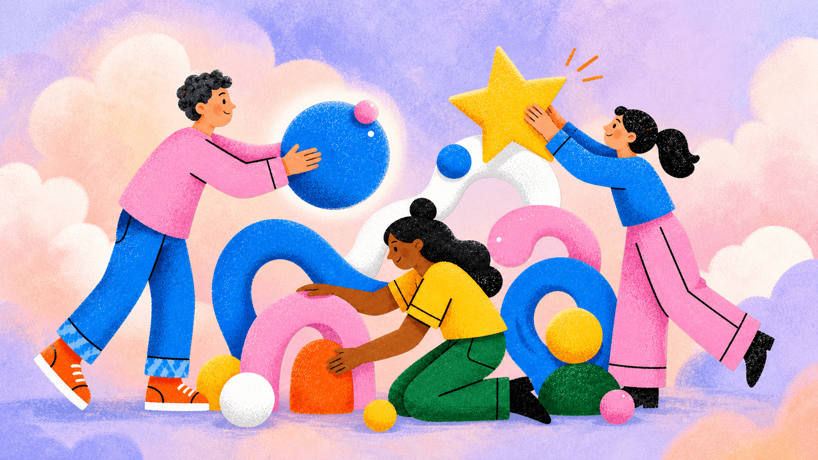 Three teammates building a bright shared idea together