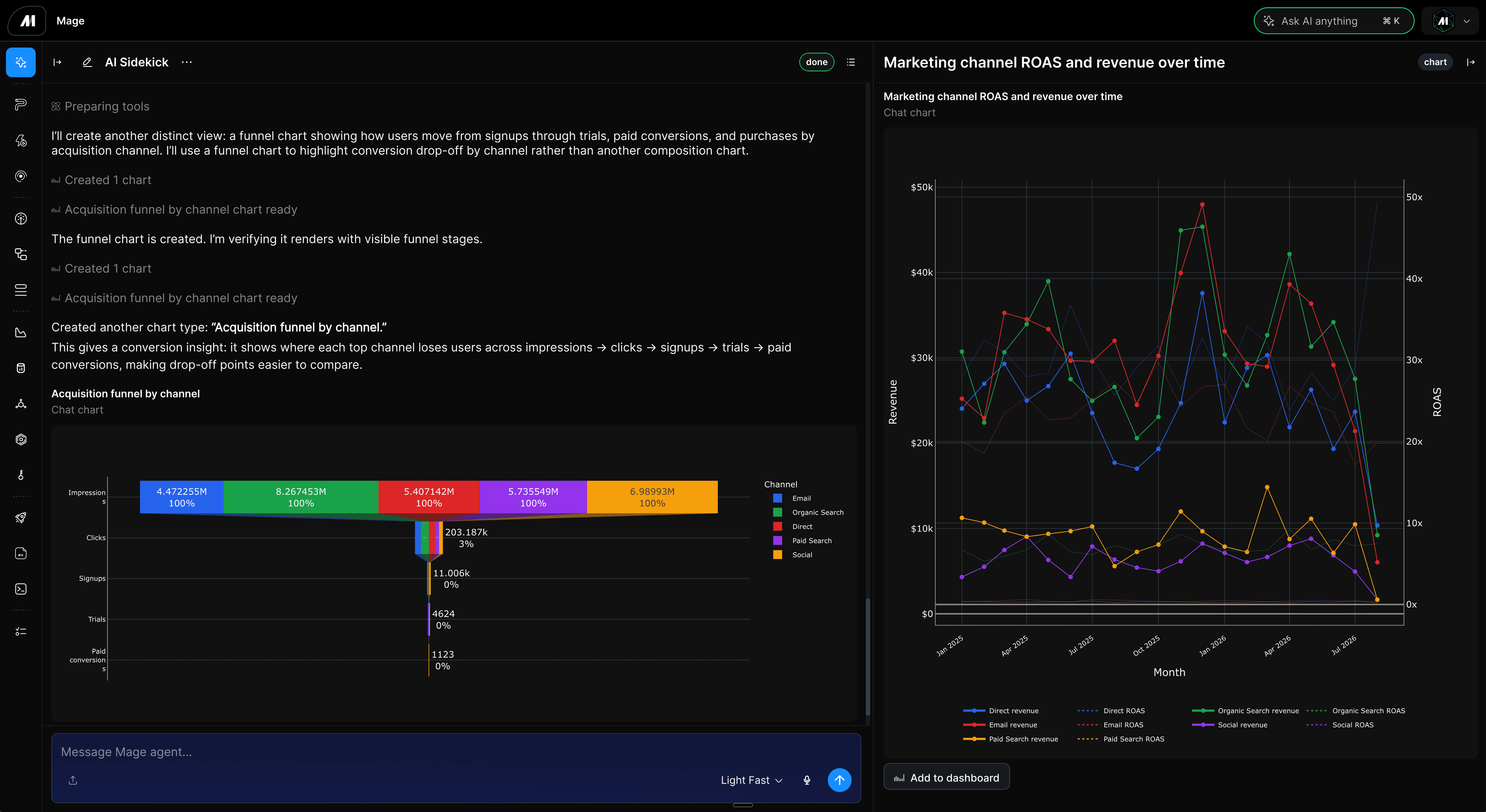 AI Sidekick exploring data and creating charts inside Mage Pro