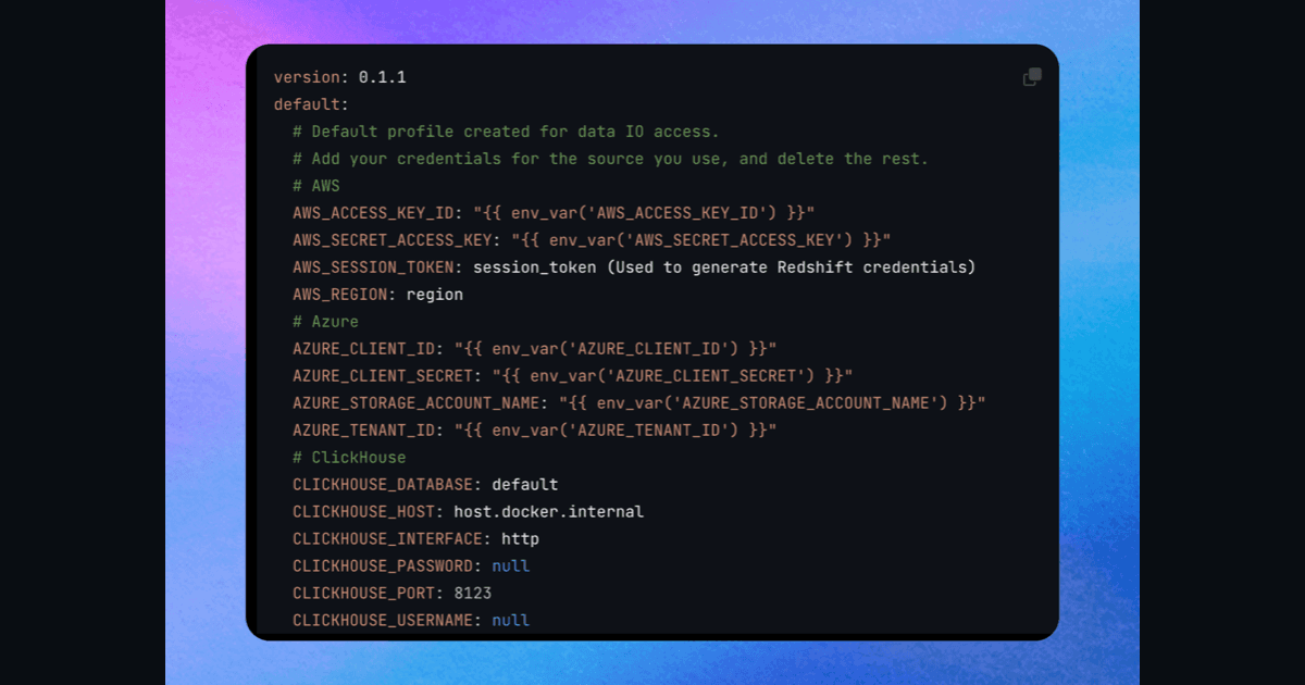 Mage configuration file with connection profiles for a PostgreSQL database
