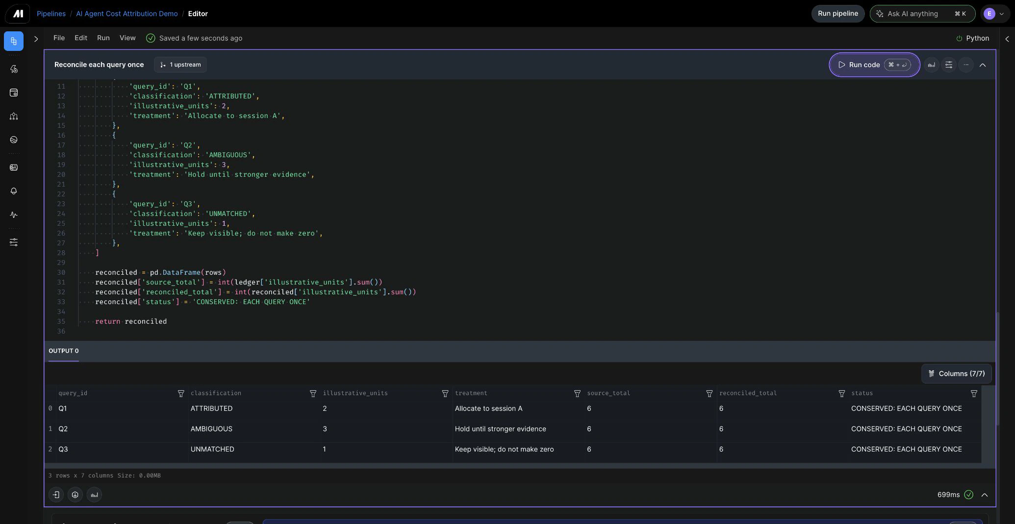 Mage result classifying each query once as attributed, ambiguous, or unmatched and reconciling six source units to six