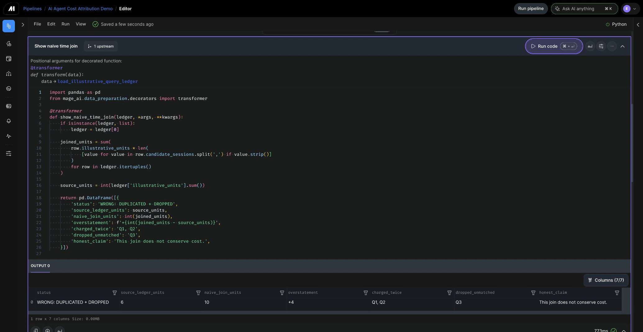 Mage result showing a naive time join inflating a six-unit source ledger to ten units while dropping an unmatched query
