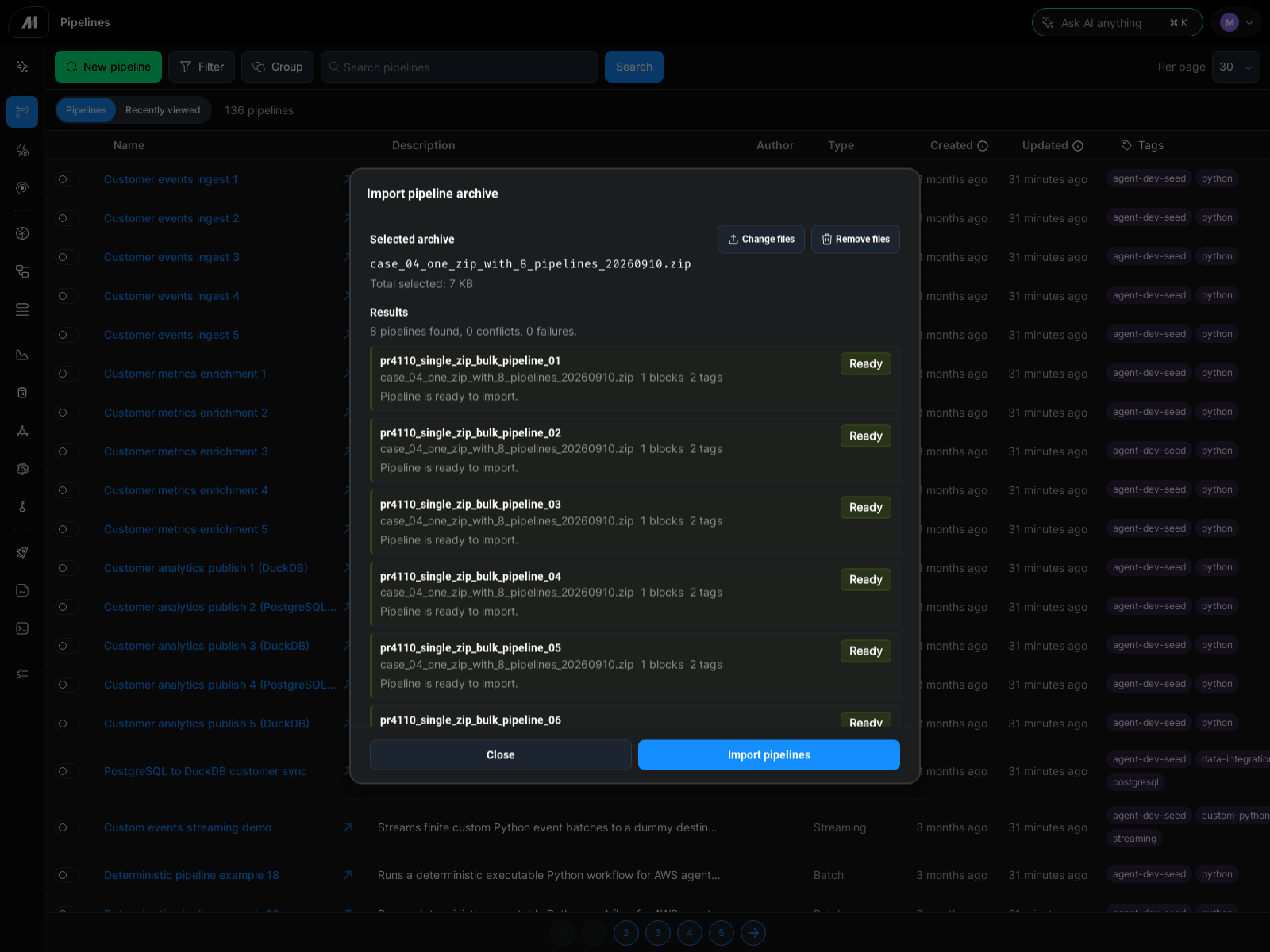 Mage Pro import preview showing eight pipelines ready to import from one ZIP archive