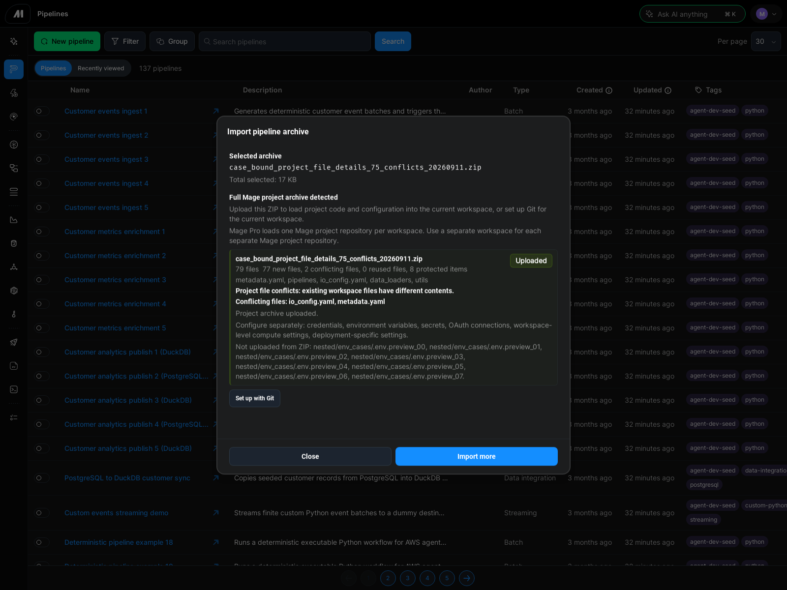 Mage Pro full project import result showing uploaded project files, conflicts, protected items, and settings to configure separately